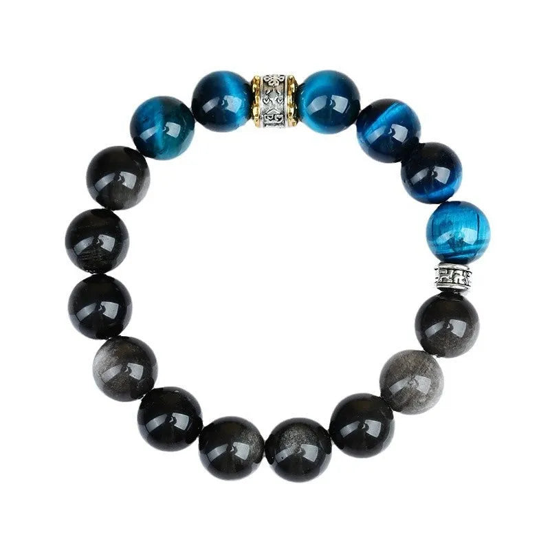 Geometric peacock blue tigereye bracelet with round elements on wrist
