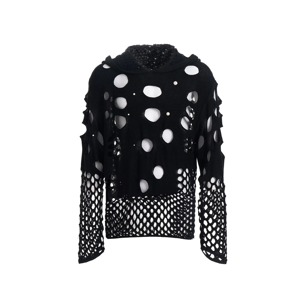 Black men's loose-fit hoodie with pearl decorative detailing on the hood.