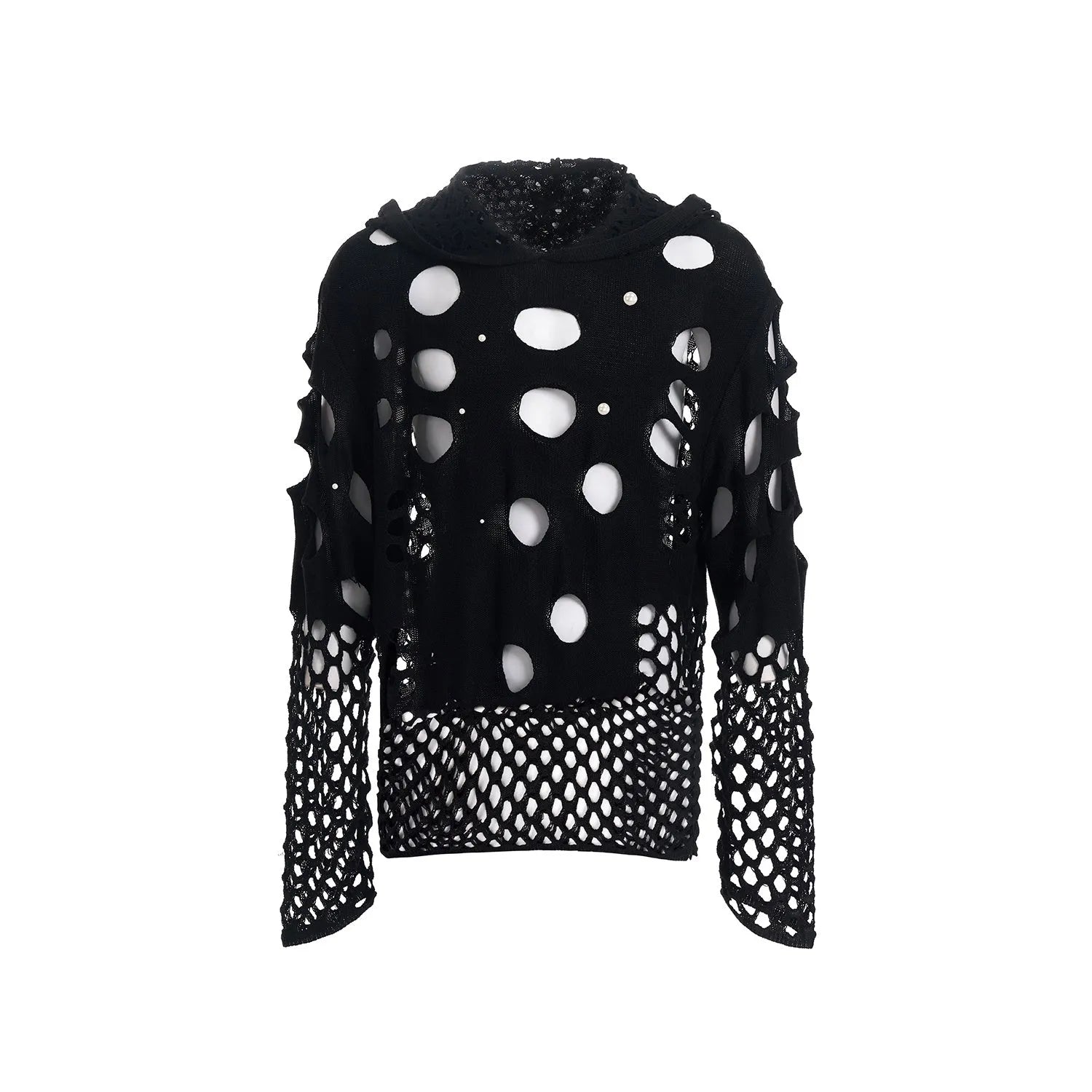 Black men's loose-fit hoodie with pearl decorative detailing on the hood.
