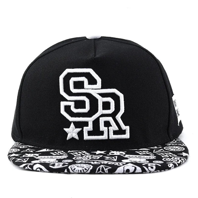 Cotton baseball hat with embroidered lettering in black colour showing adjustable strap
