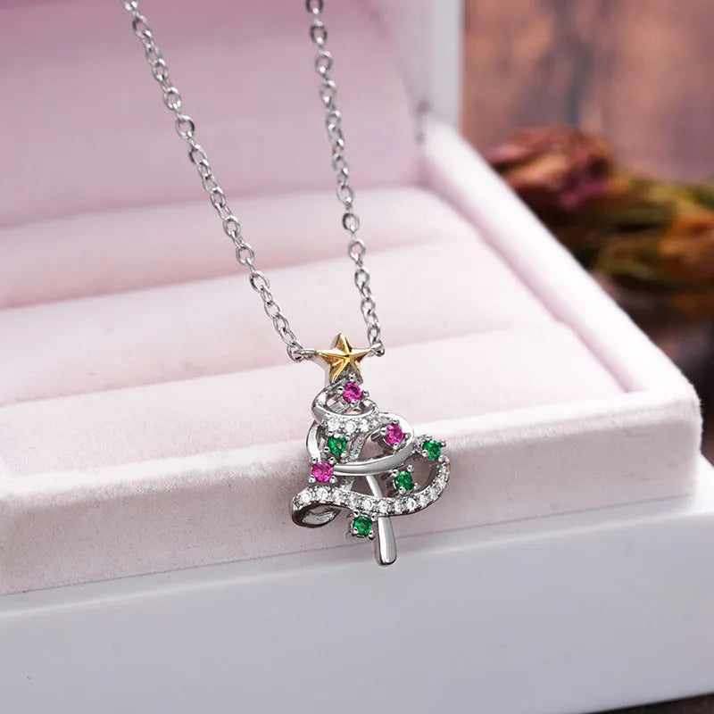 Two-tone copper Christmas tree necklace with inlaid zircon snowflake pendant on adjustable chain