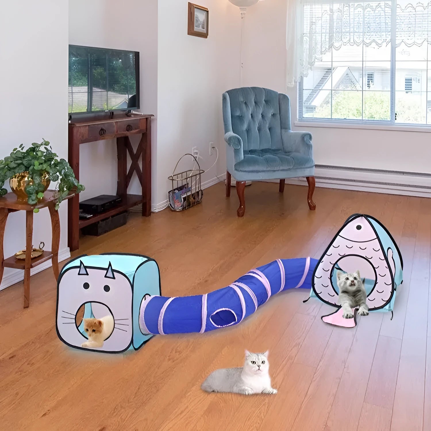Foldable cat tent and tunnel toy set with cat fish design
