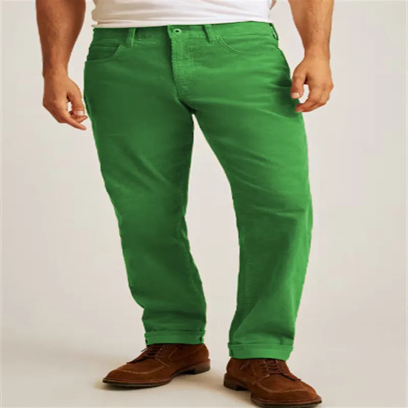 Corduroy loose fit straight-leg casual trousers in Army Green colour on a hanger.