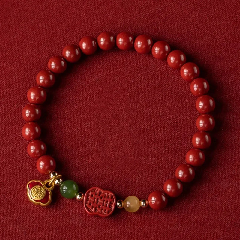 Raw ore Emperor Sandstone bracelet with a fu character charm in New Chinese style.