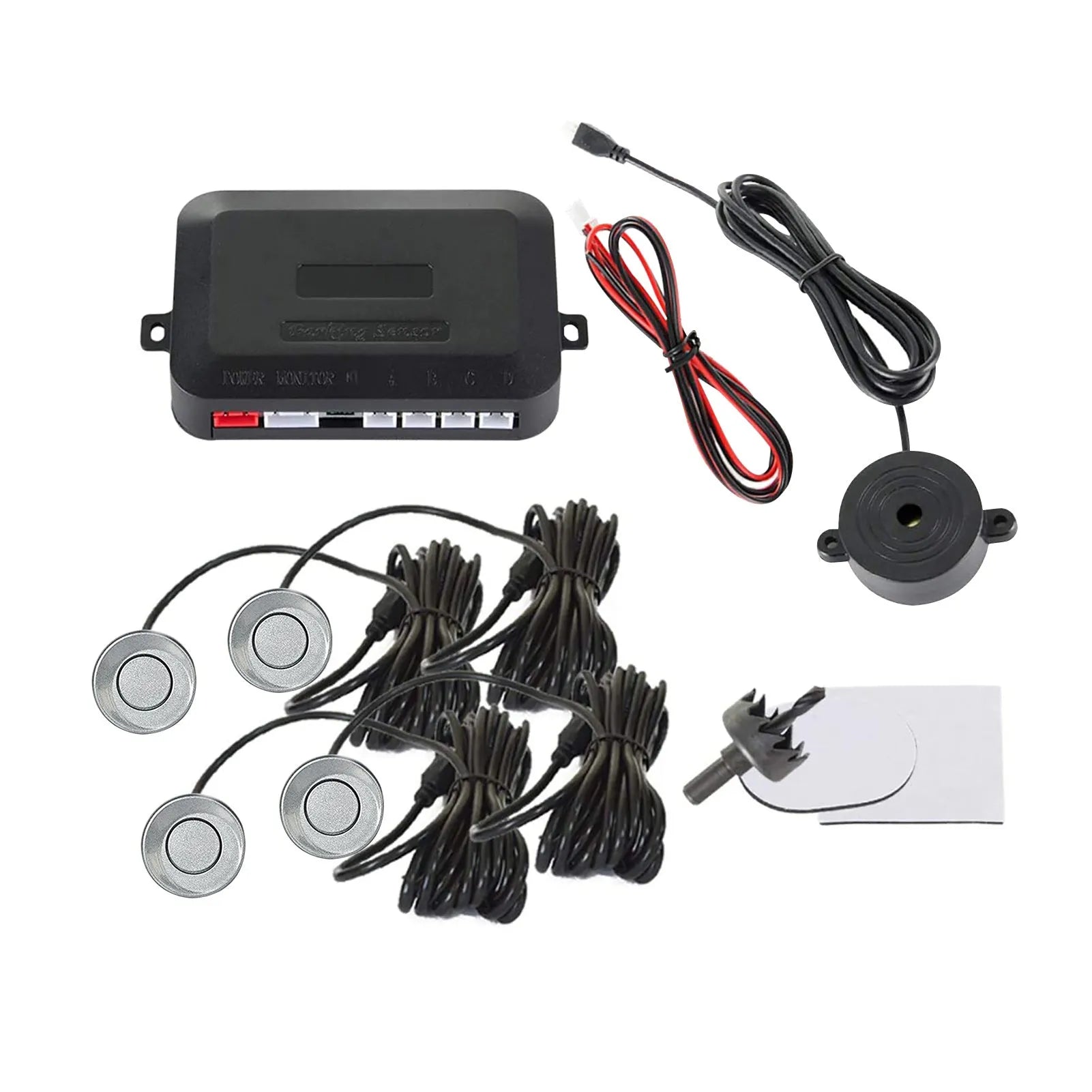 Four ultrasonic parking sensors and buzzer unit for car reversing radar kit with hole saw.