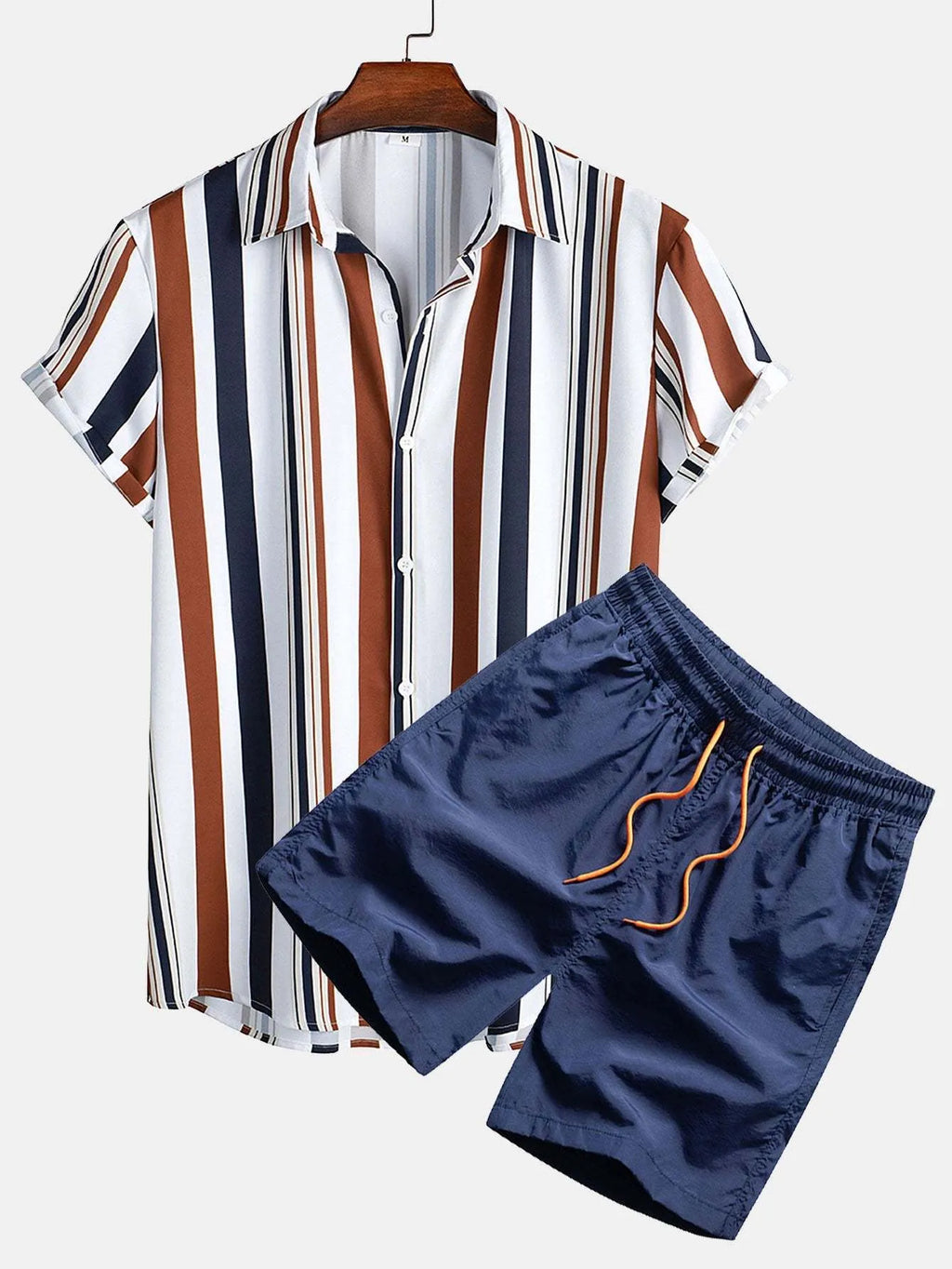 Men's casual digital print short sleeve shirt and matching shorts set in polyester.