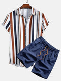 Men's casual digital print short sleeve shirt and matching shorts set in polyester.