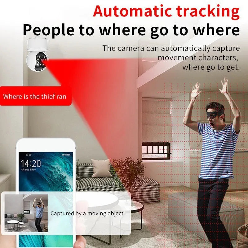 White 360-degree rotating indoor WiFi smart camera on a stand.