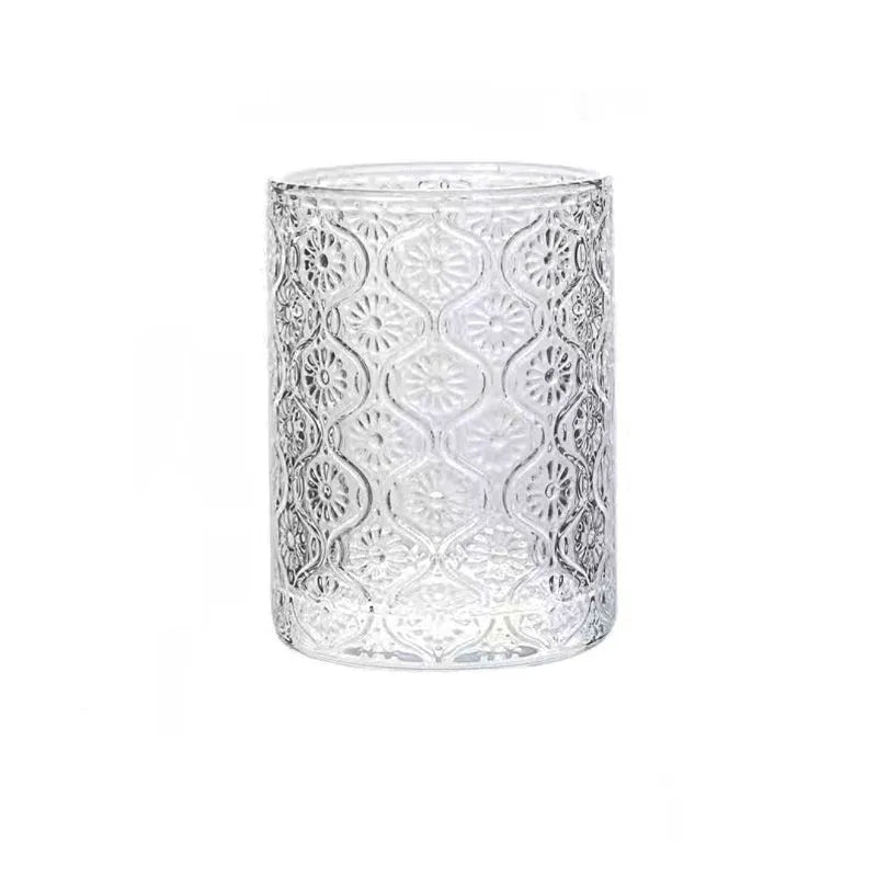 A solid colour begonia patterned glass water cup shown in both tall 380ml and short 250ml sizes.