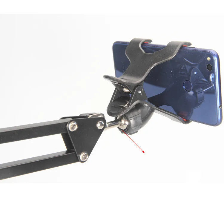 Universal mobile phone stand with adjustable metal arm and circular plastic base