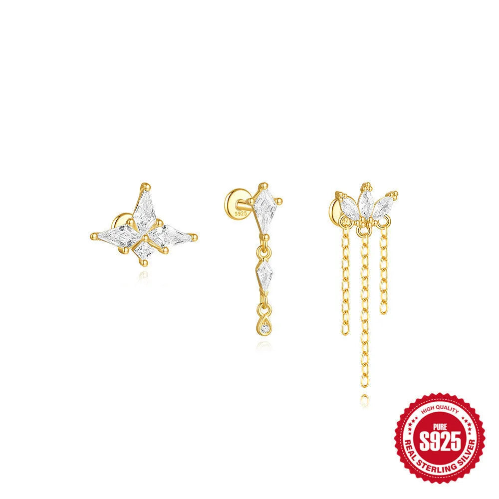 S925 sterling silver geometric kite earrings with rhinestone chain tassel in gold colour.