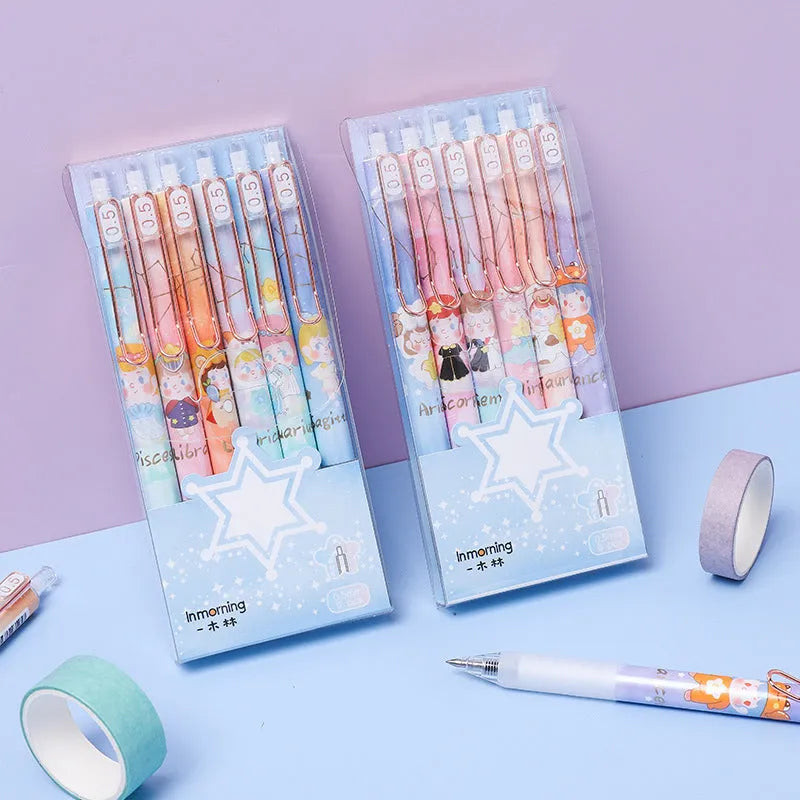 Six cartoon constellation press gel pens with 0.5mm tips showing constellation designs