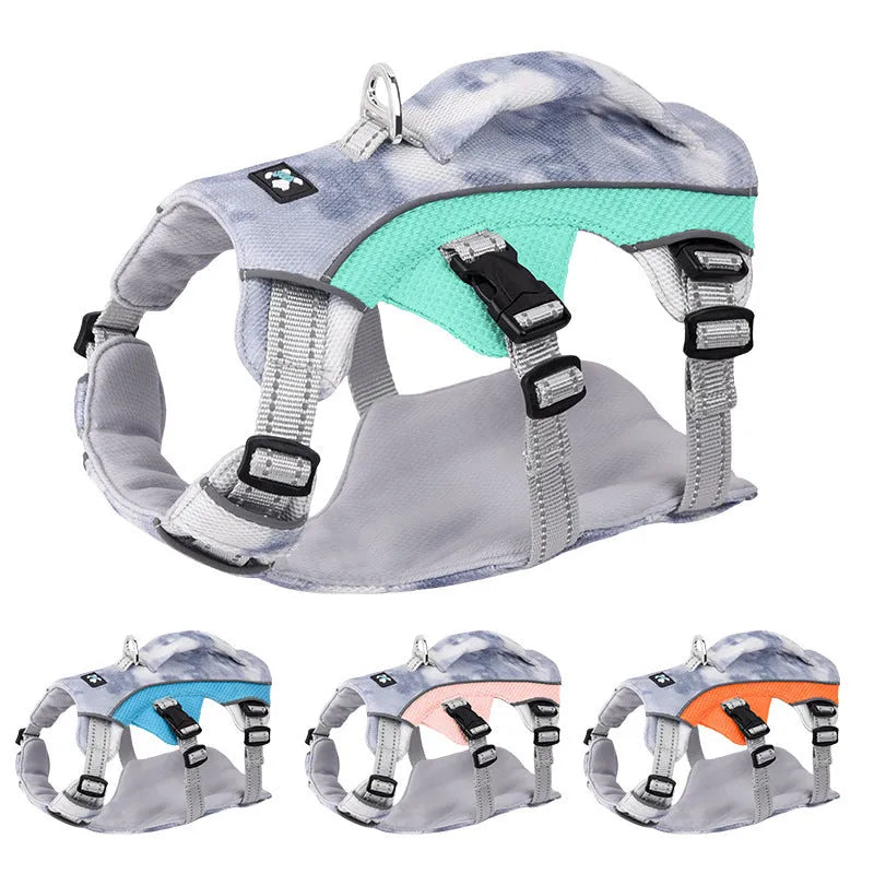 Light blue reflective dog chest strap made of polyester for walking safety.