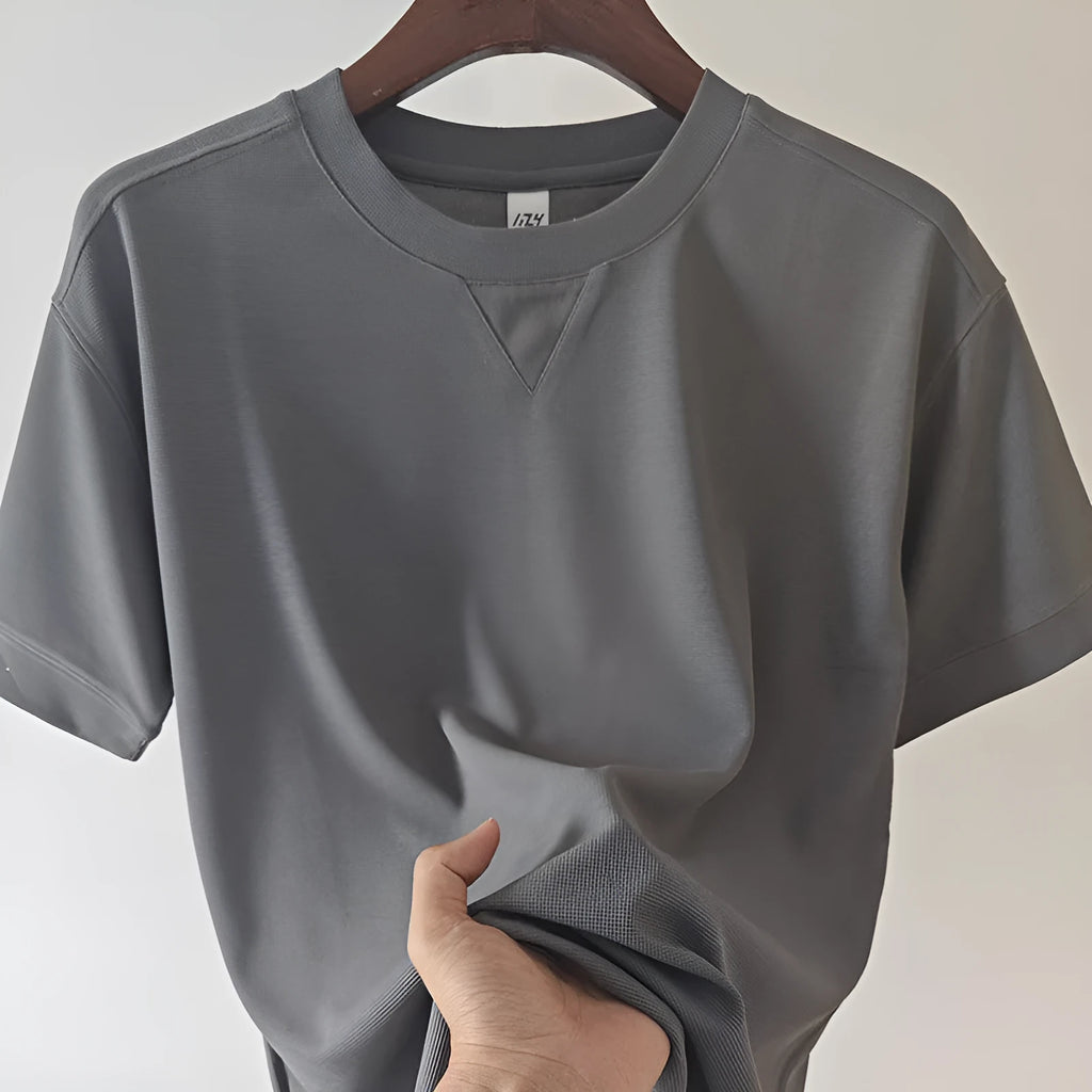 Men's heavyweight waffle-knit short-sleeve t-shirt in a solid colour, shown on a hanger.