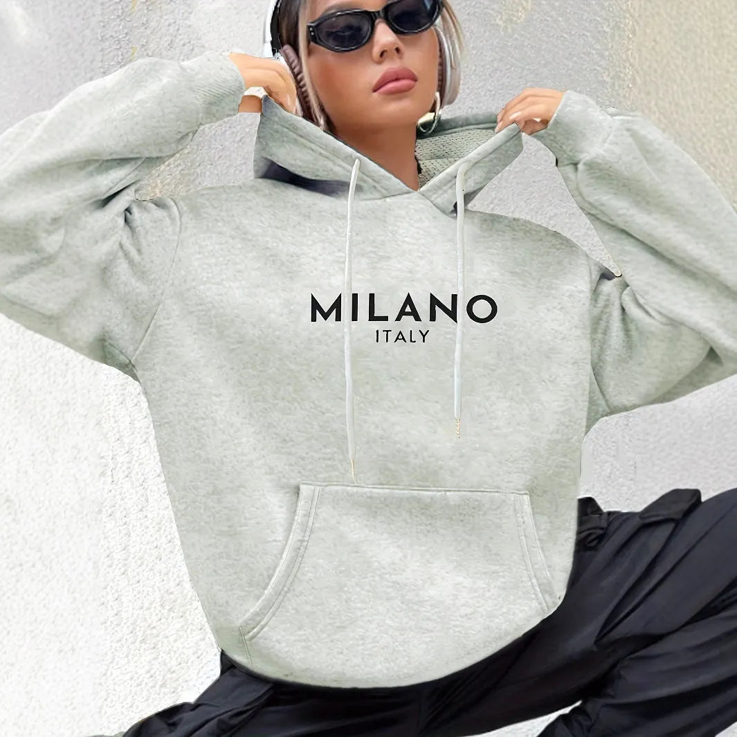 Casual long sleeved printed kangaroo pocket hoodie in black, loose fit, front view