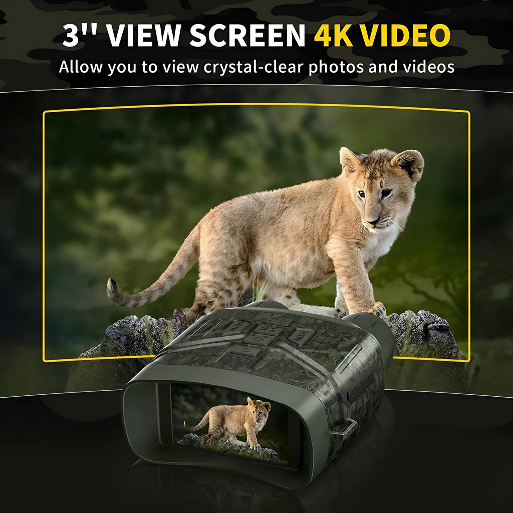 Black handheld 4K night vision monocular with LCD screen showing a clear night-time image.