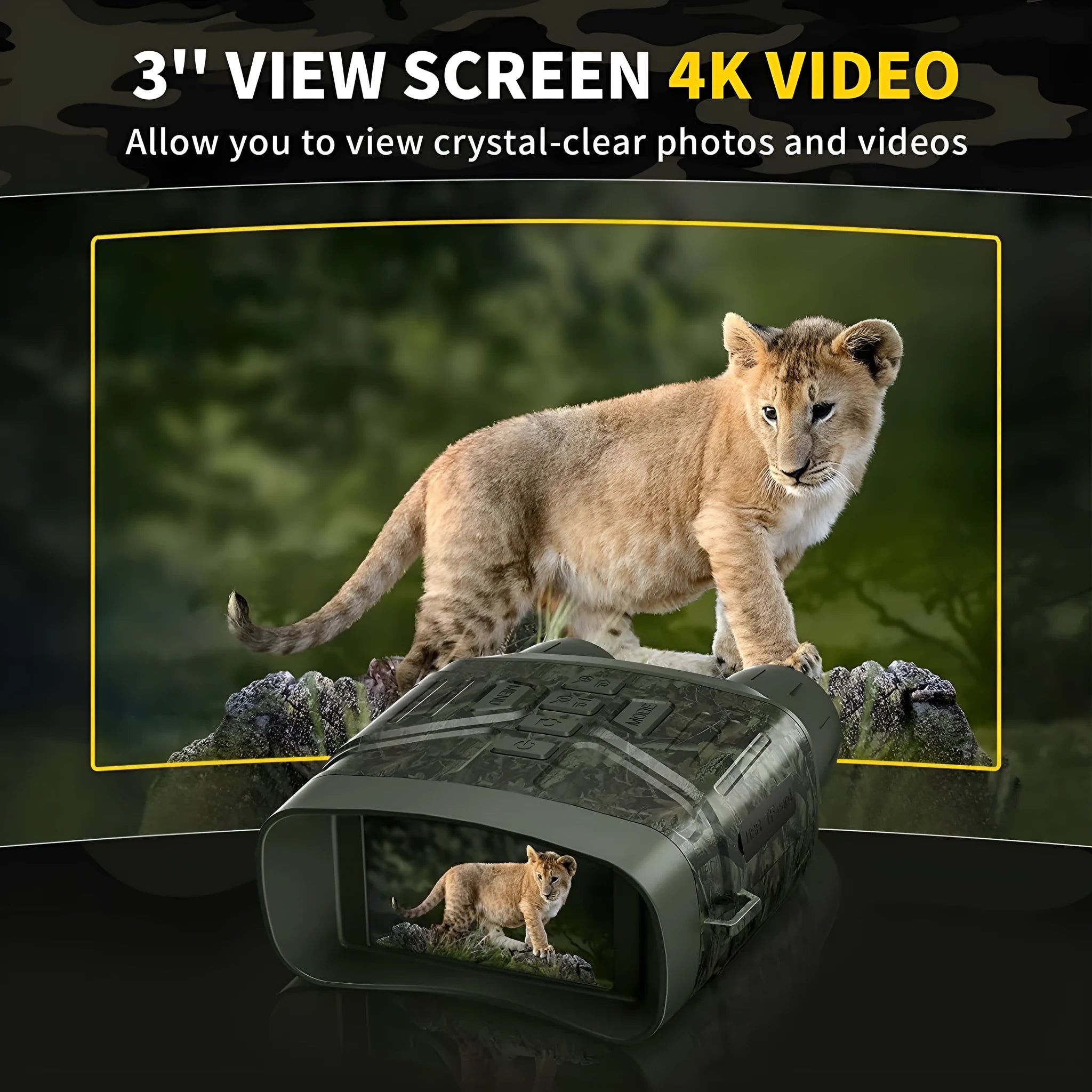 Black handheld 4K night vision monocular with LCD screen showing a clear night-time image.