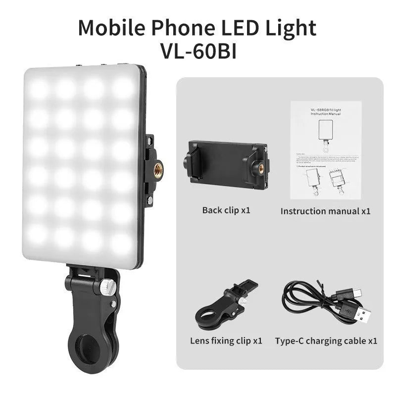 VL-60BI VL-68BI portable LED fill light clip mounted on mobile phone for photography