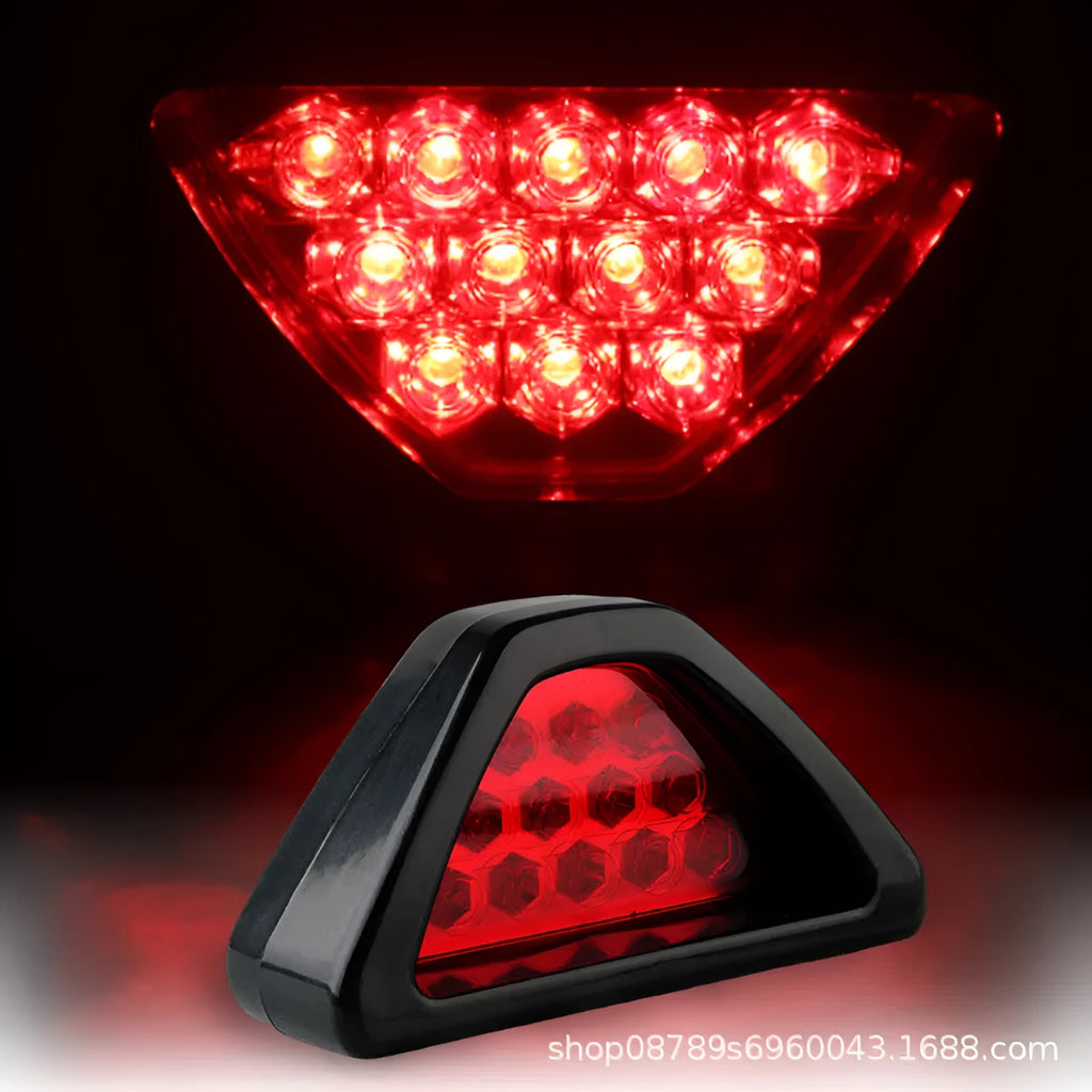 Universal LED triangle rear fog and brake warning light for cars and motorcycles in multiple colours.
