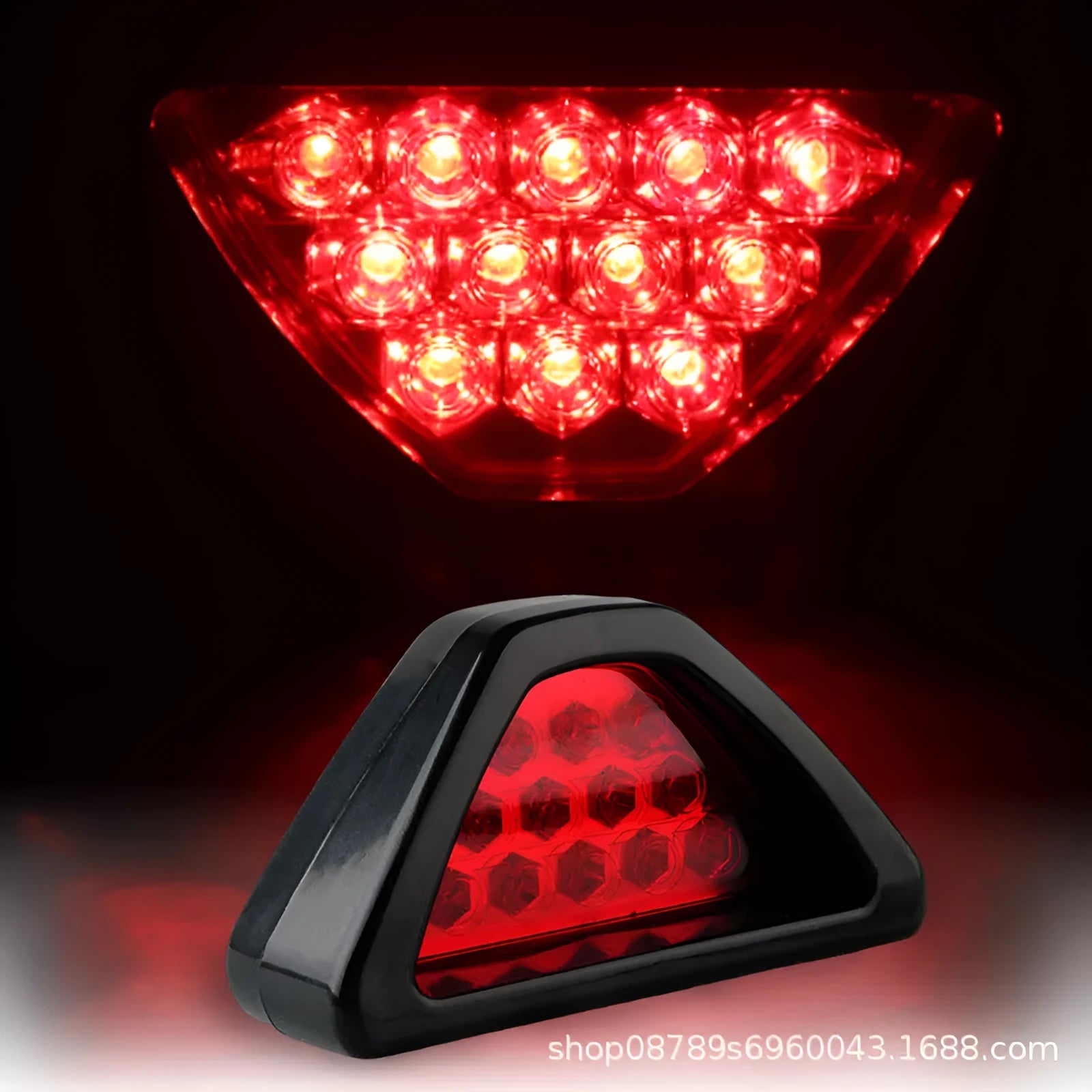 Universal LED triangle rear fog and brake warning light for cars and motorcycles in multiple colours.
