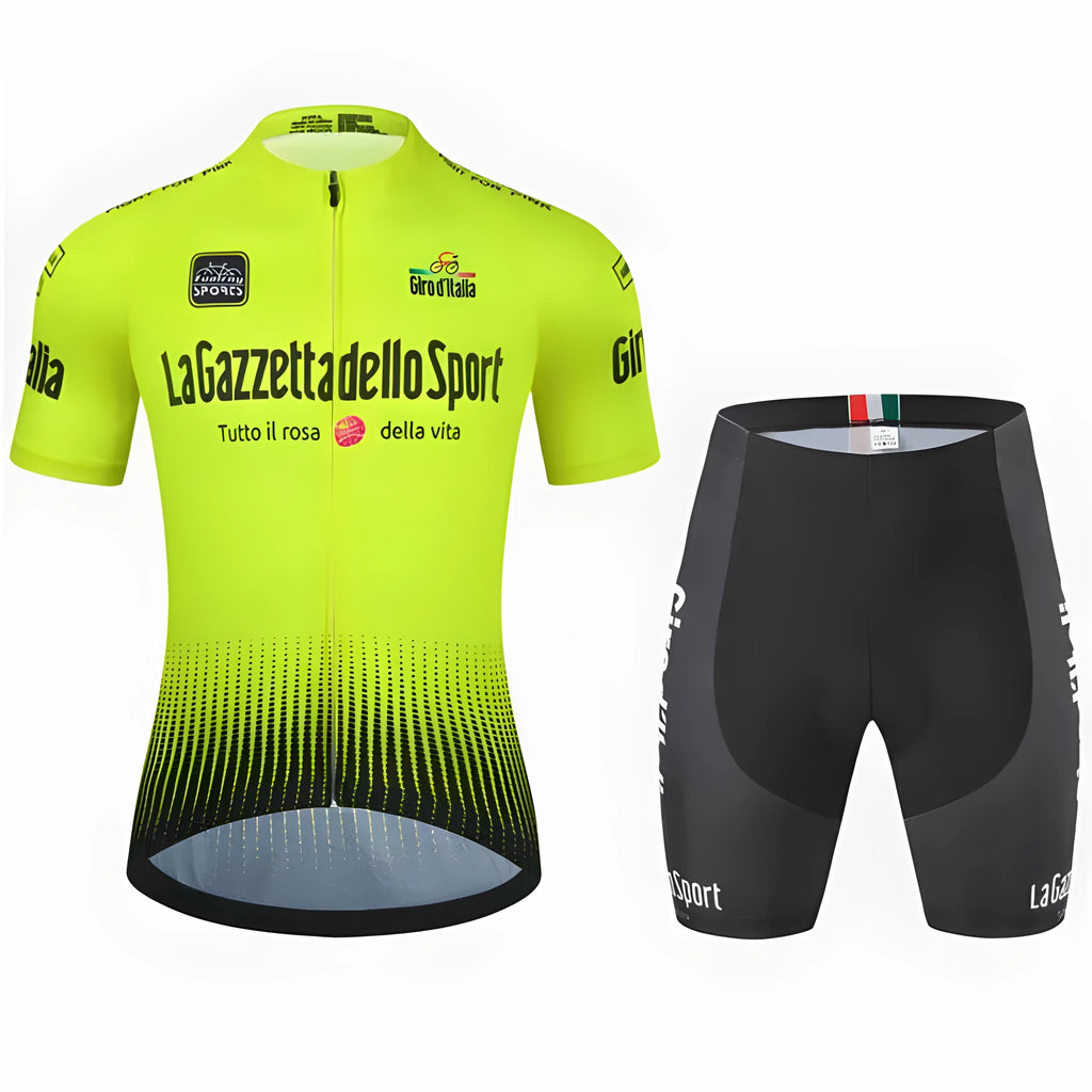 Short sleeve cycling jersey in a coloured pattern, showing its quick-dry fabric and fit for road biking.