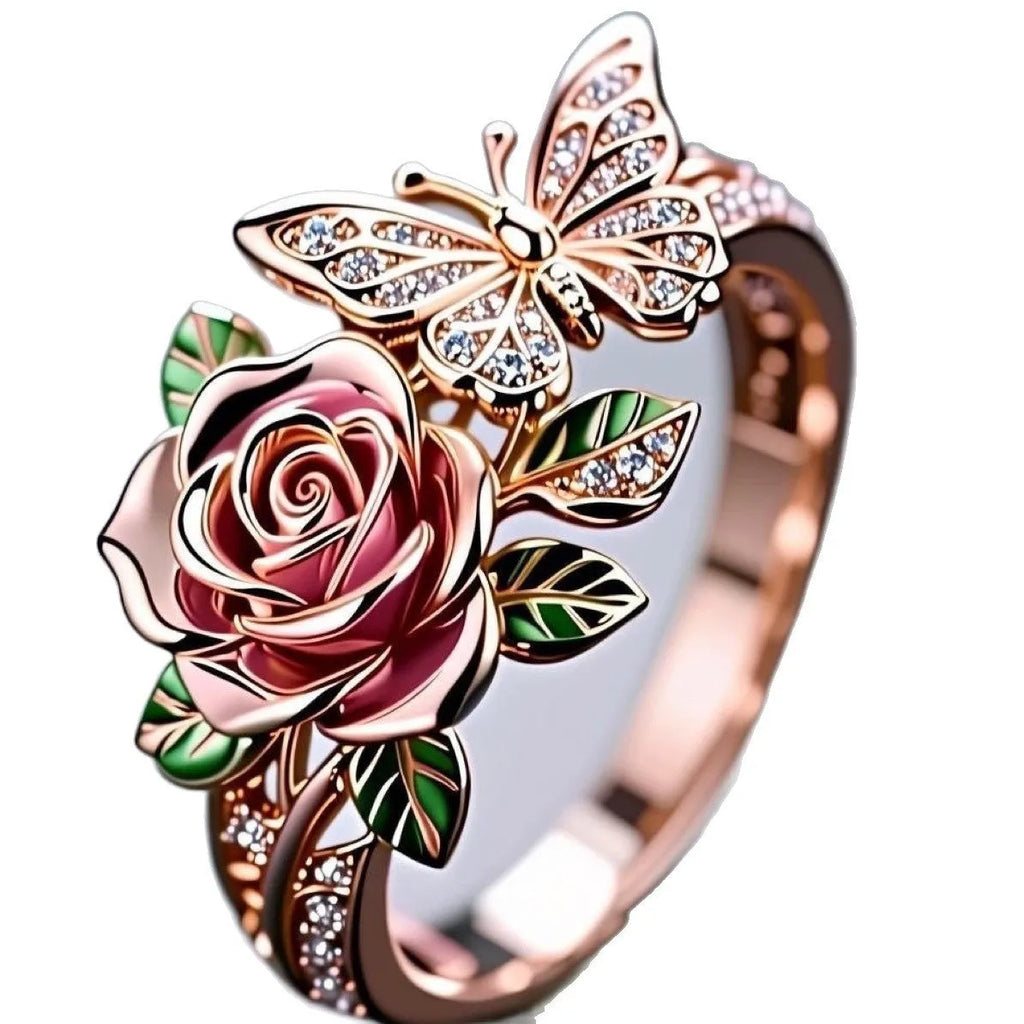 Adjustable butterfly ring necklace with colourful dripping oil finish showing floral and insect detailing