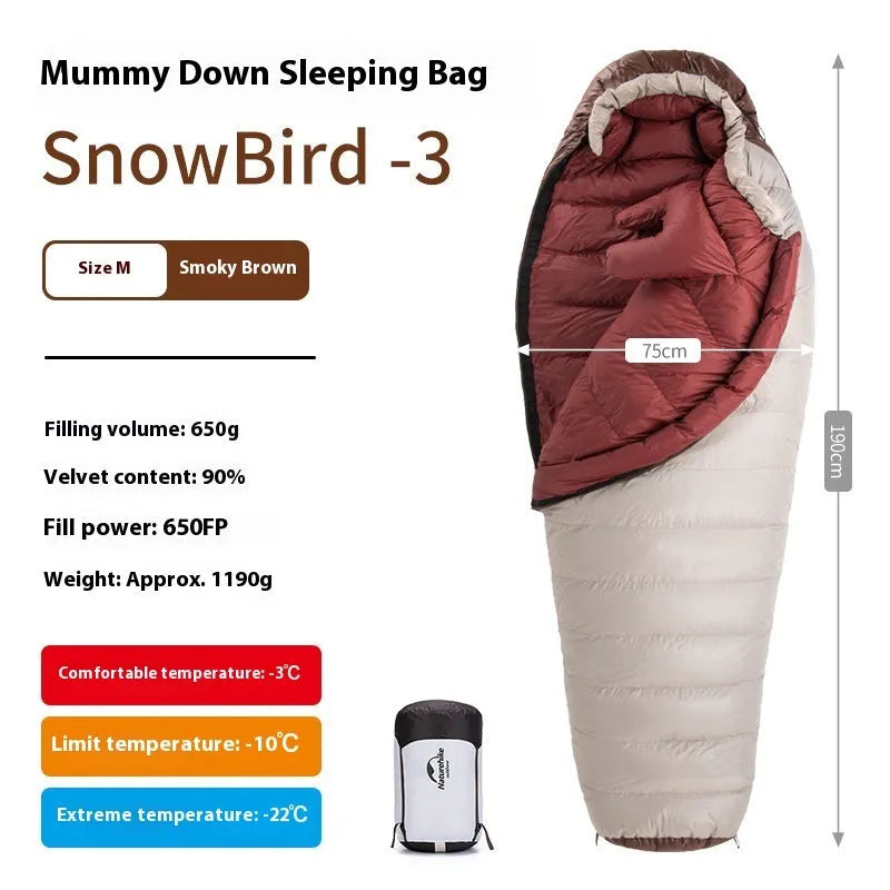 Goose down mummy sleeping bag for adults in storage bag