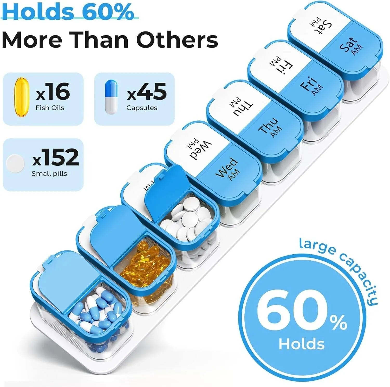 Extra large white and rainbow coloured plastic pill box with 14 removable compartments.