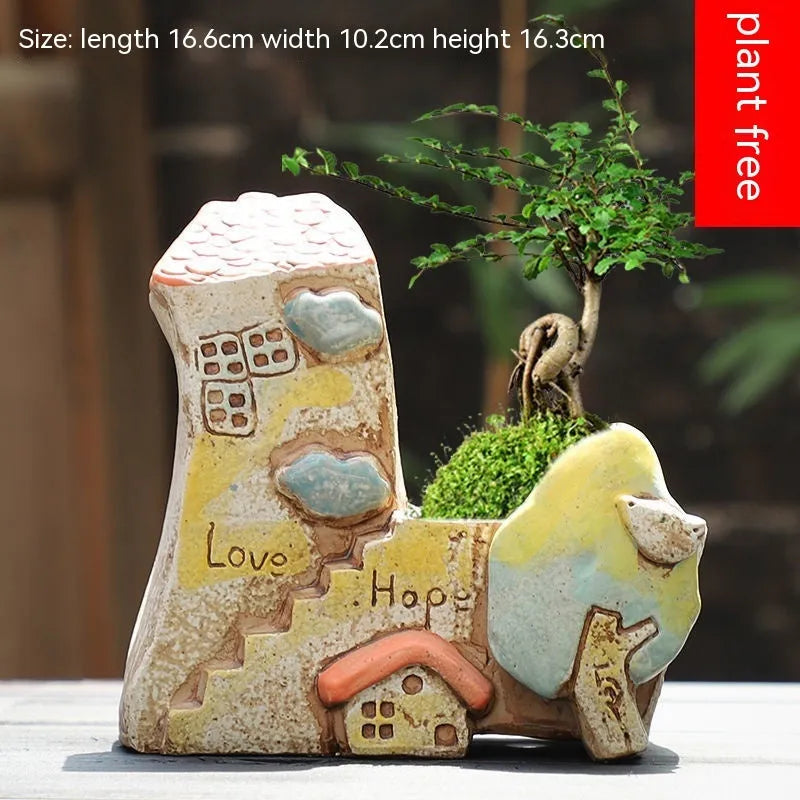 Large handmade ceramic flowerpot with pastoral hand-painted design for indoor plants