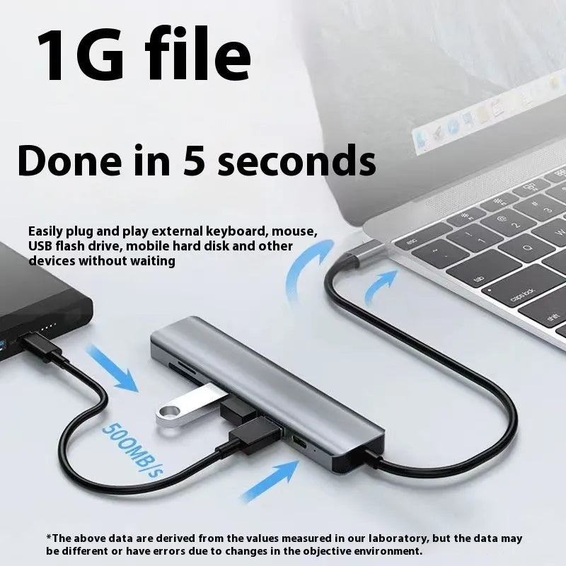 A compact 7-in-1 USB-C expansion dock with a 15cm cable, featuring HDMI and USB ports.