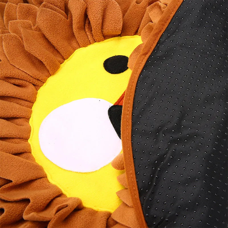 Brown lion sniffing pad and food hiding blanket for dogs and cats