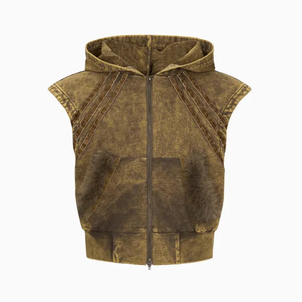 Korean style sleeveless hooded vest and matching trousers two-piece set in black/grey or yellow