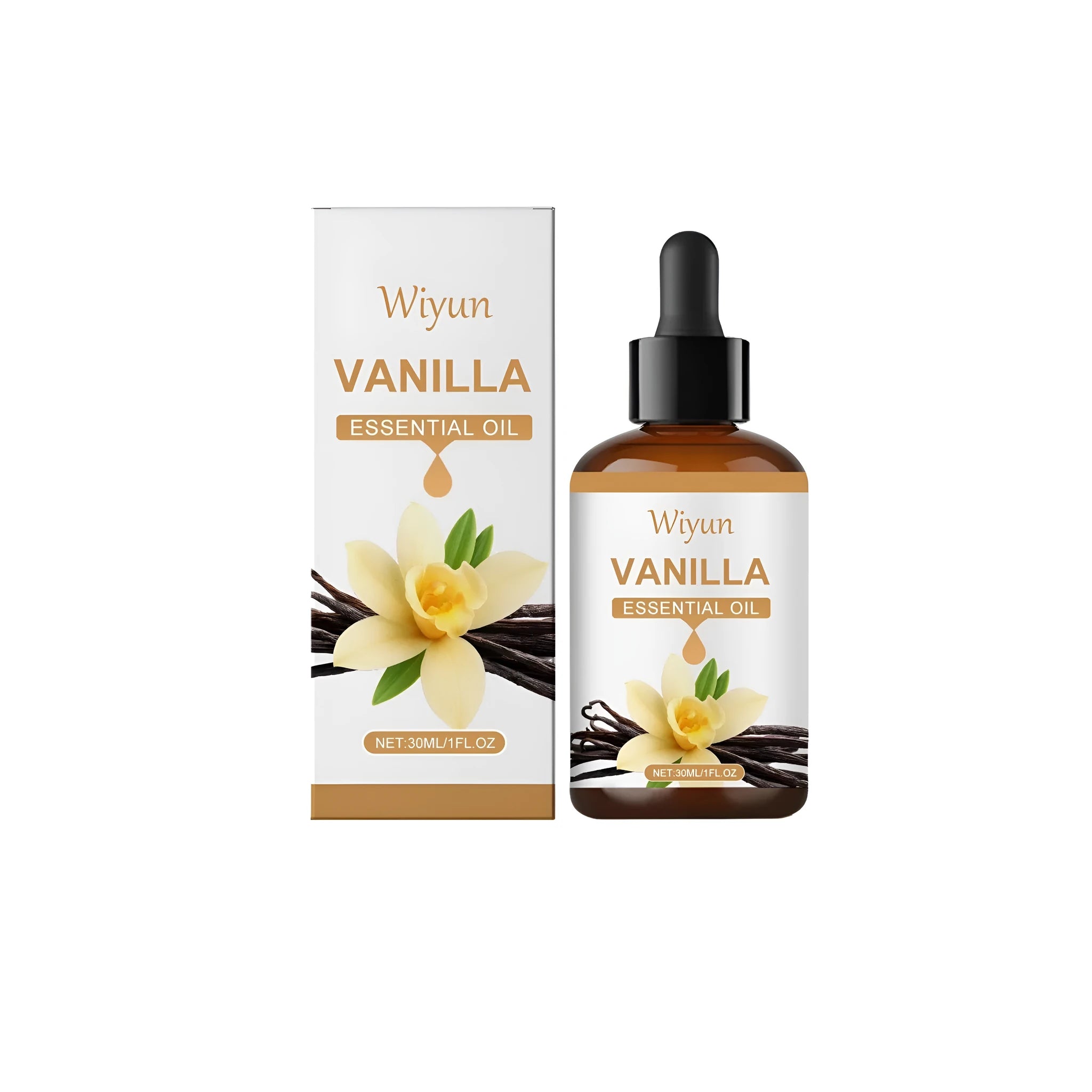 30ml glass bottle of vanilla flavoured oil with dropper