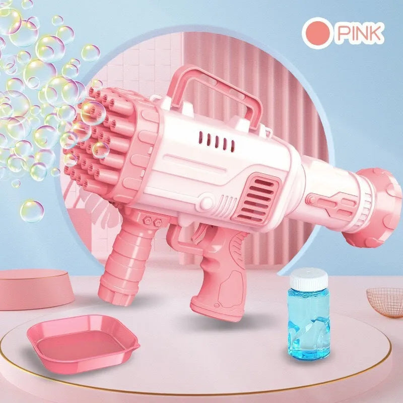 Cherry pink and sky blue electric bazooka bubble gun toy with 32 holes on a colour box.