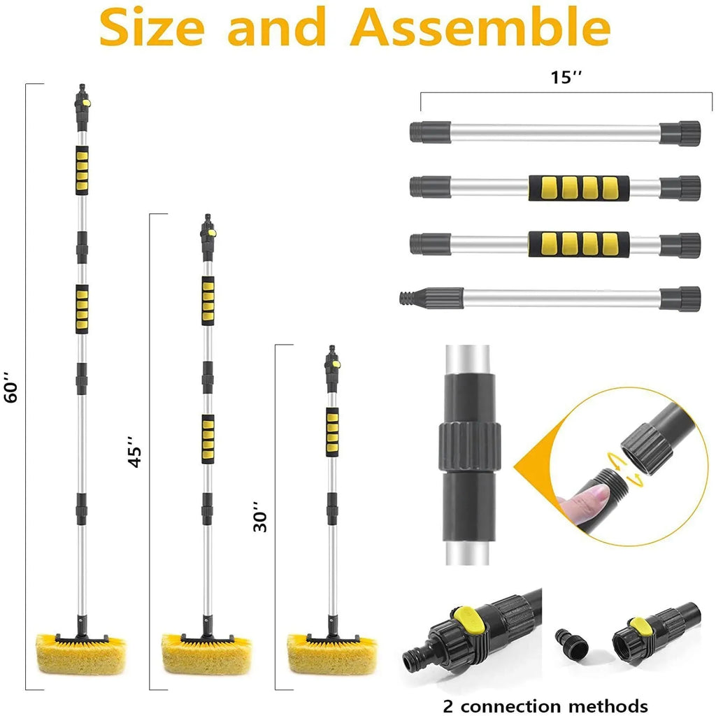 Car wash brush with four-section removable rod and flow-through head in yellow colour
