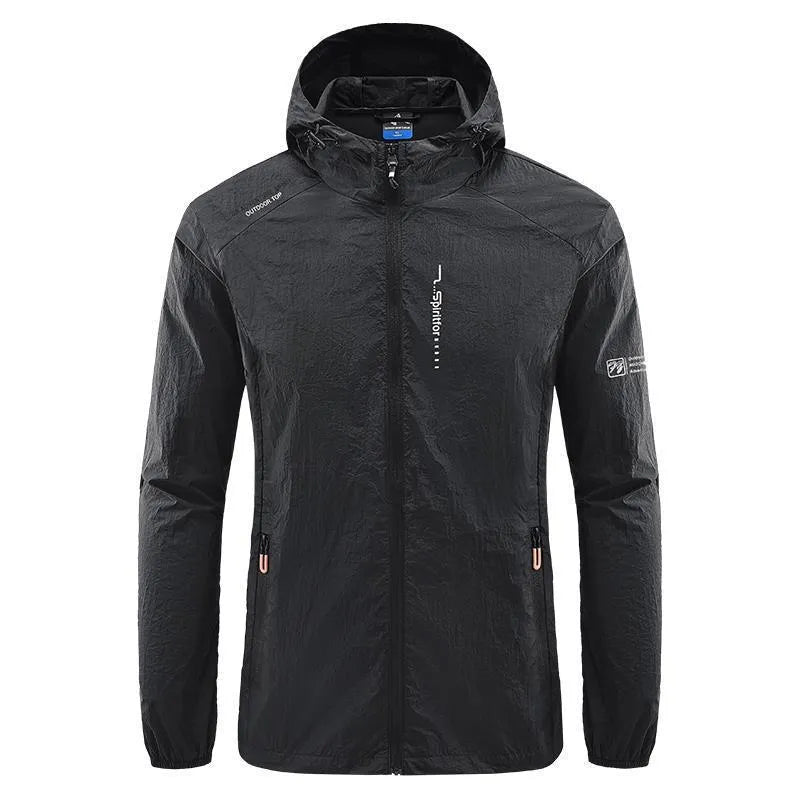 Men's thin nylon summer hooded jacket in light grey colour showing loose fit design