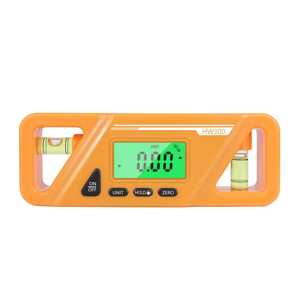 Digital magnetic inclinometer level meter showing angle display on screen, with plastic ABS housing.