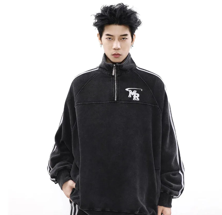 Black Hong Kong style retro casual sports hoodie with stand collar design