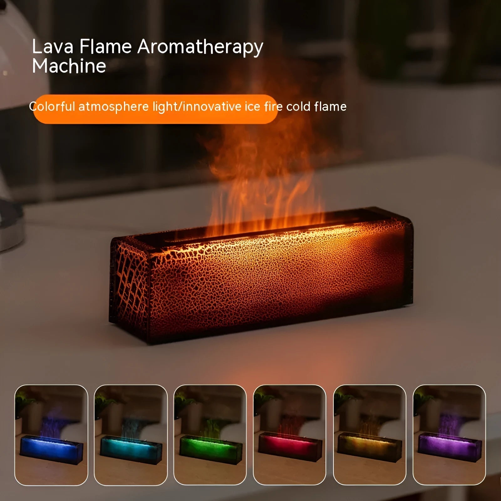 Square creative lava lamp style aroma diffuser humidifier with colourful flame lighting effect