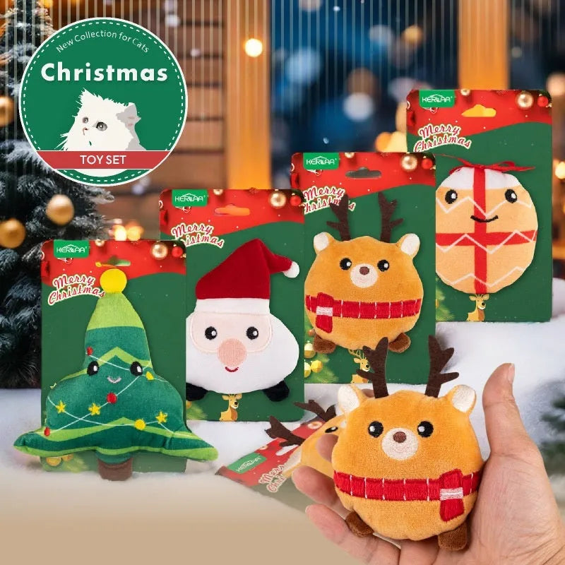 Christmas cat plush toy with catnip in festive design options including elk, tree, Santa and egg motifs