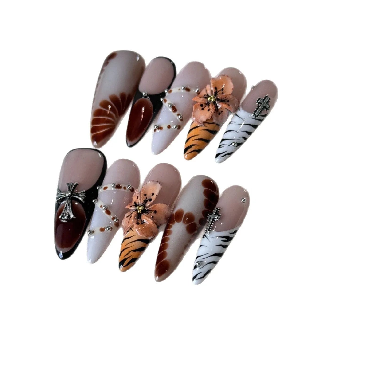 French-style leopard print artificial nail stickers with cross and flower designs