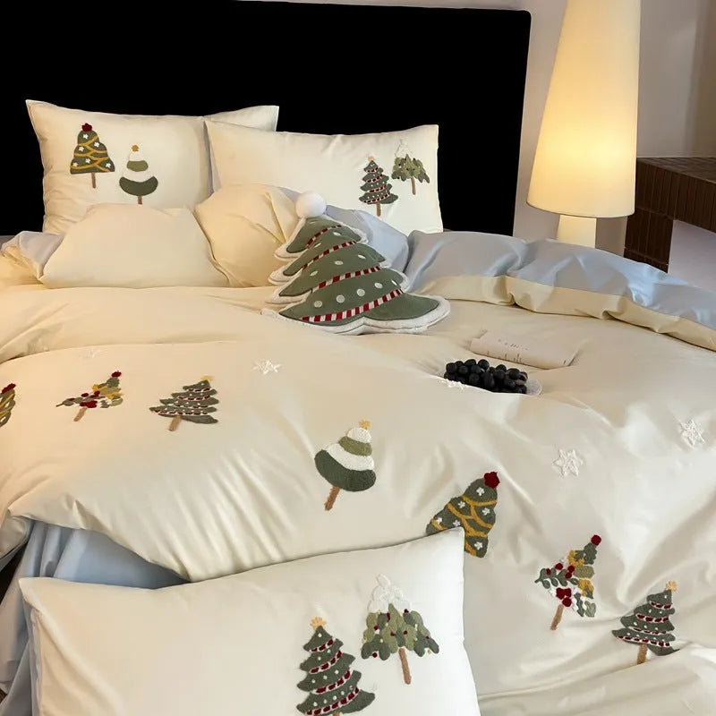 Christmas tree towel embroidery pure cotton bed linen four-piece set with plants and flowers pattern
