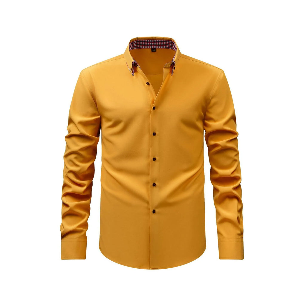 Double collar stitching casual shirt in black showing cardigan style and solid colour design with button front