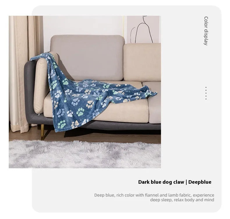 Blue cartoon dog pattern double-sided flannel pet blanket shown at 100x120cm size.