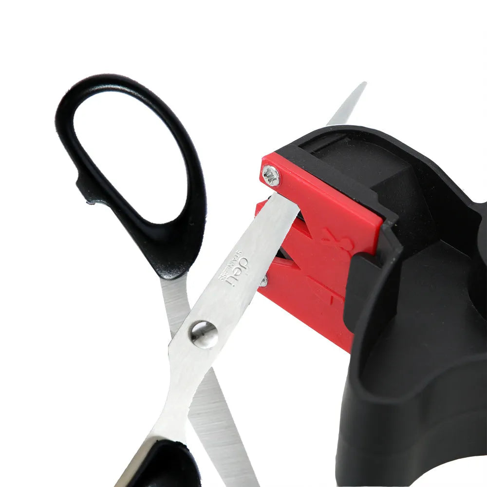 Black handheld knife and scissor sharpener tool on a white background.