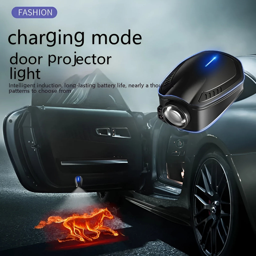 Black F2 USB rechargeable car welcome light projecting illuminated image on ground.