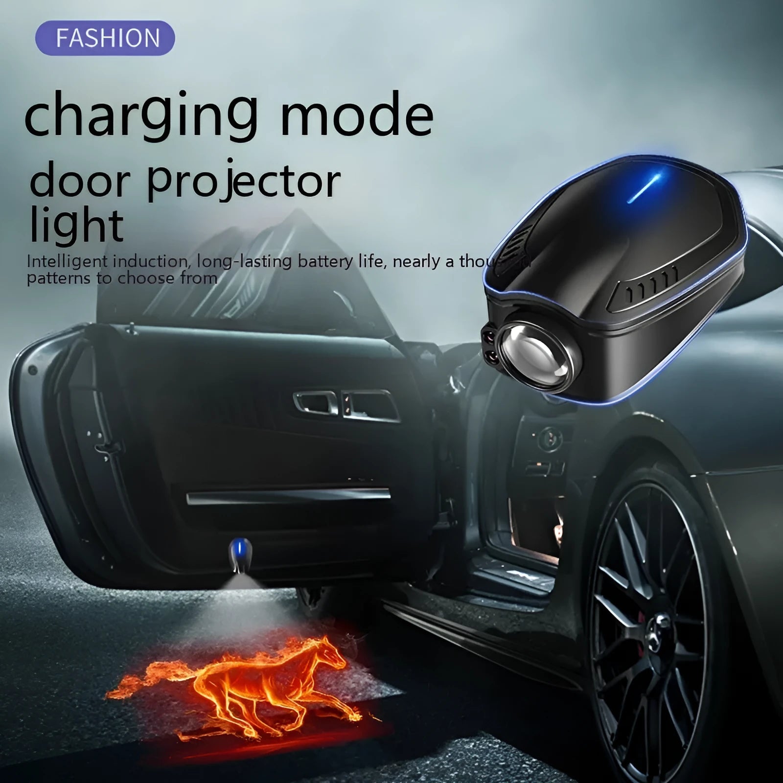 Black F2 USB rechargeable car welcome light projecting illuminated image on ground.