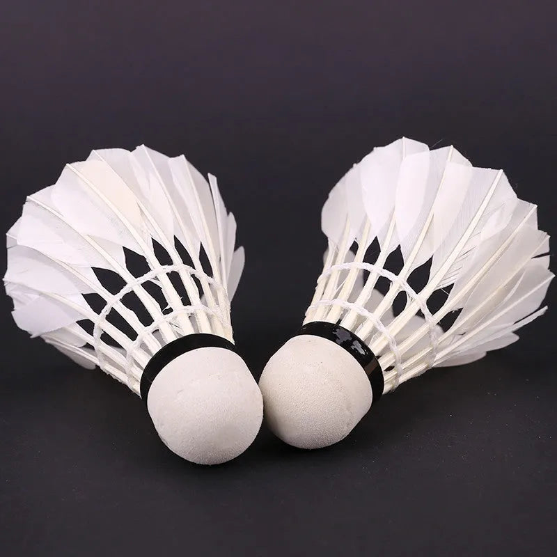 White nylon badminton shuttlecocks in a 12-piece pack on a bright background