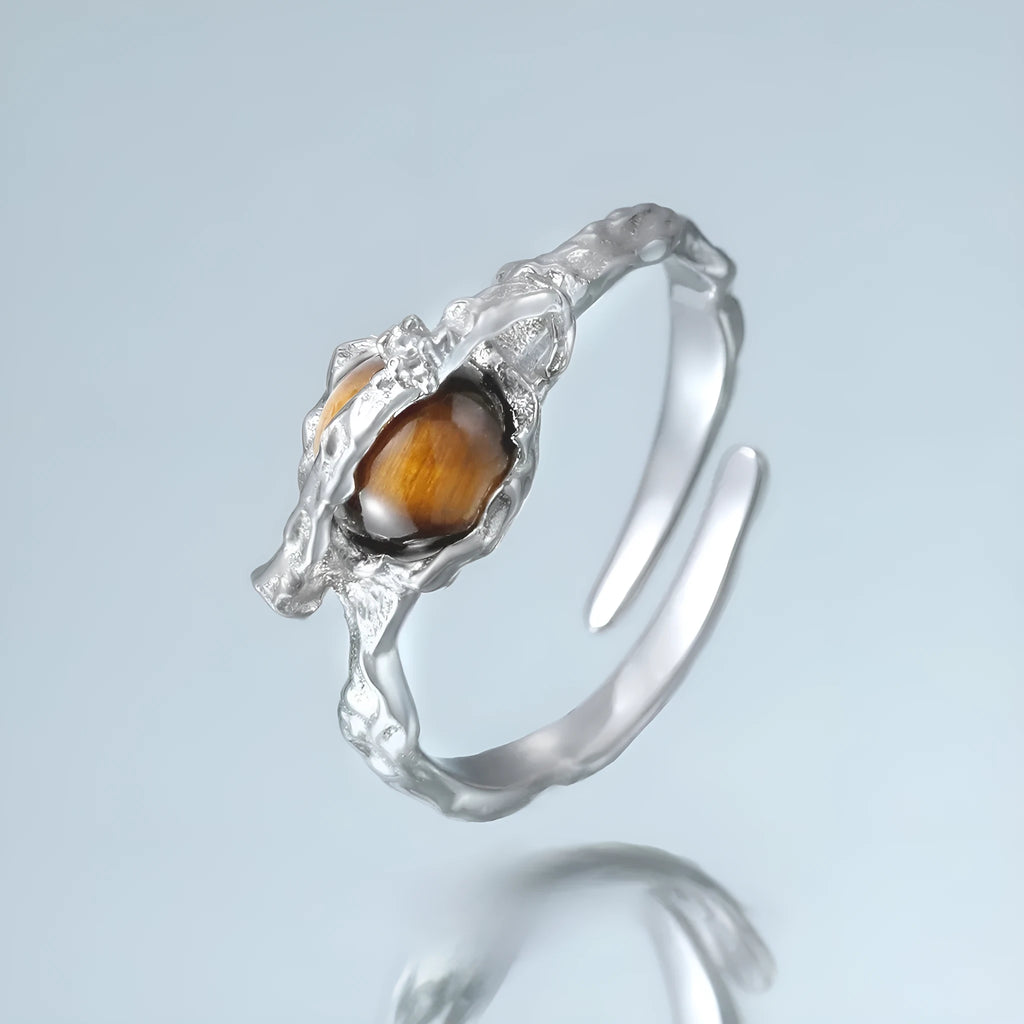 Women's adjustable Saturn Tigereye open ring in silver electroplated white gold colour.