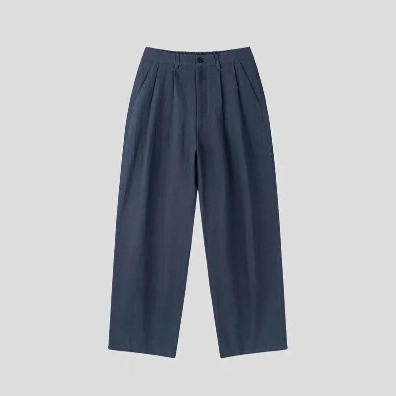 Men's lightweight cotton linen trousers in apricot with wide-leg cut and elastic waist